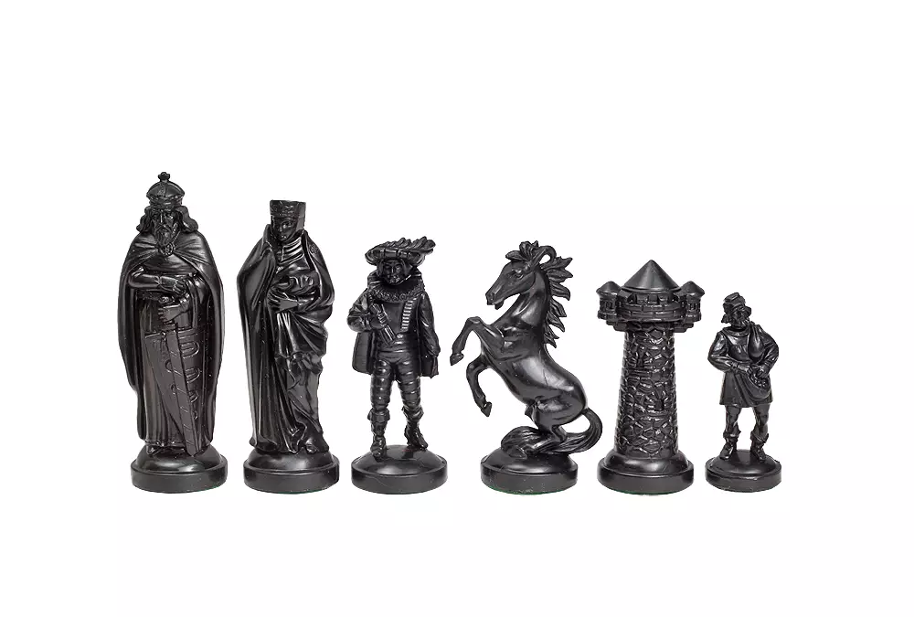 Figuras de ajedrez medievales estilizadas, crema y negro (rey 98 mm)