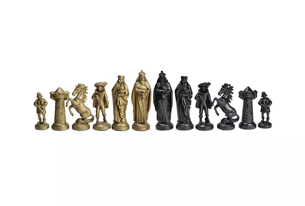 Figuras de ajedrez medievales estilizadas, negras y doradas (rey 98 mm)