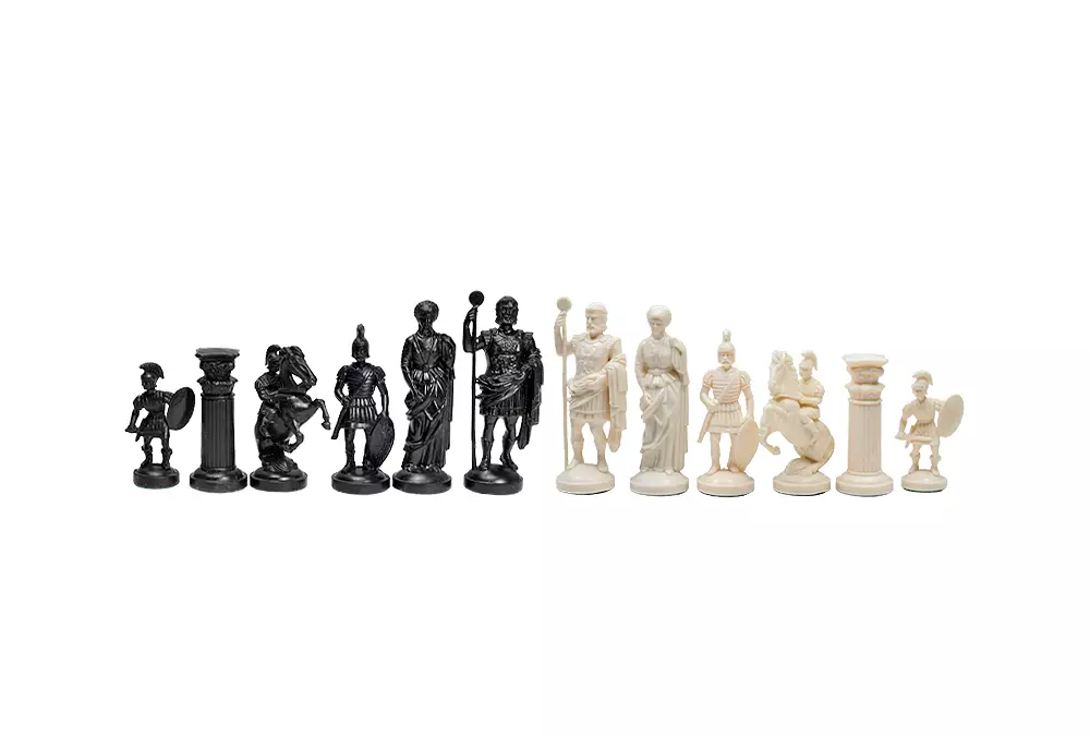Figuras de ajedrez estilizadas del Imperio Romano, crema y negro (rey 98 mm)