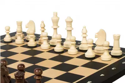 Juego de ajedrez de torneo no 4 - tablero de 40 mm + figuras Sunrise Staunton de 78 mm en baúl de madera
