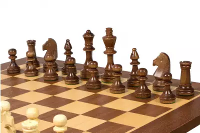 Juego de ajedrez de torneo no 4 - tablero de 40 mm + figuras Sunrise Staunton de 78 mm en baúl de madera